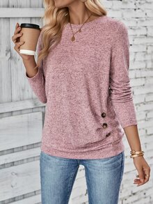EMERY ROSE Button Detail Ruched Side Tee Fall Cloth For Women - Pink - View 4