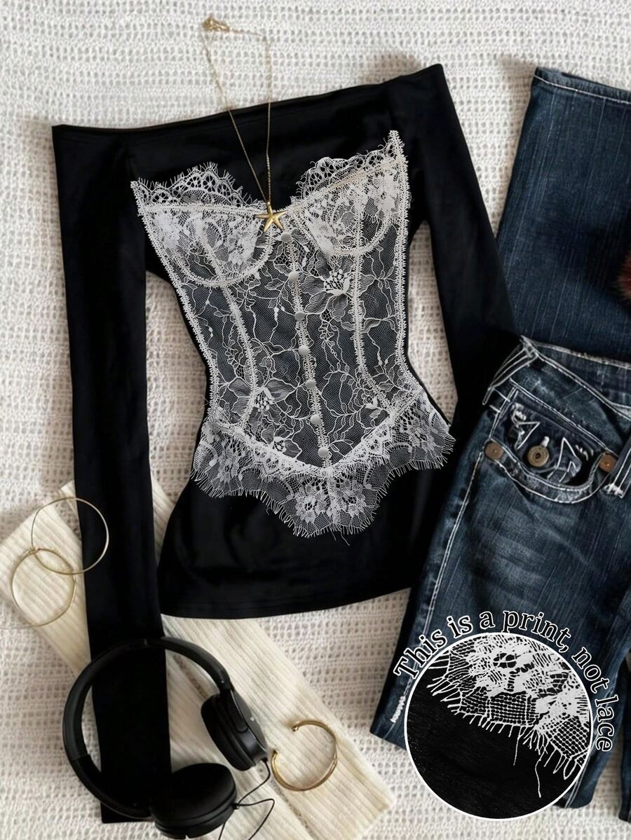 IslaSuriya Lace Graphic Minimalist Off Shoulder Long Sleeve T-Shirt, Gift For Friends - Black - View 1