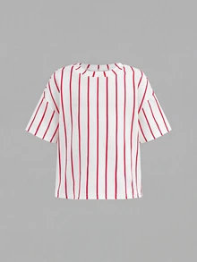 SHEIN 女童寬鬆休閒極簡舒適圓領套頭卡通圖案T恤與長褲套裝 - 紅色 - 查看 6