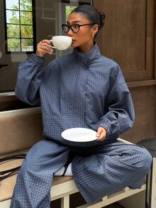 Muchica Plaid Print Drop Shoulder Mock Neck Jacket & Pants - Navy Blue - View 4