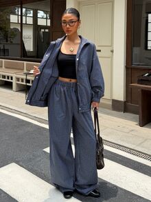 Muchica Plaid Print Drop Shoulder Mock Neck Jacket & Pants - Navy Blue - View 3