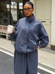Muchica Plaid Print Drop Shoulder Mock Neck Jacket & Pants - Navy Blue - View 5