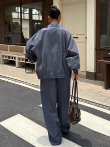 Muchica Plaid Print Drop Shoulder Mock Neck Jacket & Pants - Navy Blue - View 2