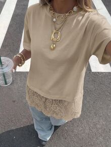 SHEIN EZwear 卡其色針織蕾絲拼接女款T恤 - 卡其色 - 查看 7