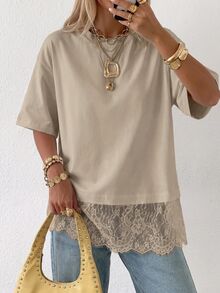 SHEIN EZwear 卡其色針織蕾絲拼接女款T恤 - 卡其色 - 查看 1