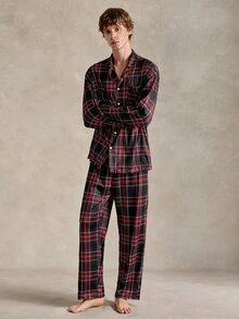 EverLounge 男士休闲格子印花翻领纽扣长袖上衣和裤子睡衣套装，秋冬情侣睡衣套装，男士家居服套装，男士睡衣套装，圣诞节 - 彩色 - 查看 5