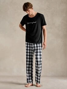 EverLounge Men's Letter Printed Short Sleeve T-Shirt & Plaid Printed Sleep Shorts Home Suit - Black - View 4