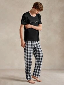 EverLounge Men's Letter Printed Short Sleeve T-Shirt & Plaid Printed Sleep Shorts Home Suit - Black - View 5