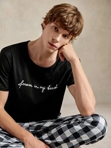 EverLounge Men's Letter Printed Short Sleeve T-Shirt & Plaid Printed Sleep Shorts Home Suit - Black - View 3
