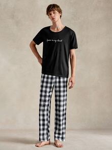 EverLounge Men's Letter Printed Short Sleeve T-Shirt & Plaid Printed Sleep Shorts Home Suit - Black - View 1