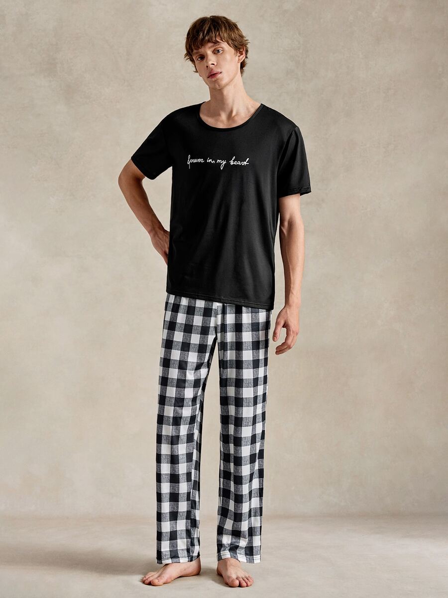 EverLounge Men's Letter Printed Short Sleeve T-Shirt & Plaid Printed Sleep Shorts Home Suit - Black - View 1