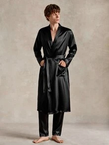 EverLounge Men's Casual Black V Neck Belted Robe And Pants Loungewear Set Comfortable Nightwear, Fall Winter Clothes - Black - View 3
