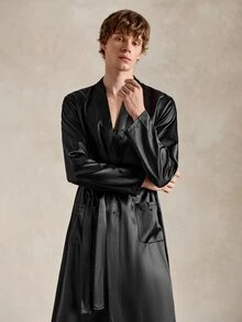 EverLounge Men's Casual Black V Neck Belted Robe And Pants Loungewear Set Comfortable Nightwear, Fall Winter Clothes - Black - View 7