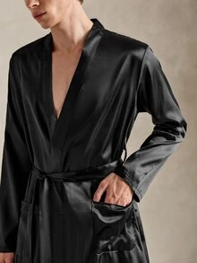EverLounge Men's Casual Black V Neck Belted Robe And Pants Loungewear Set Comfortable Nightwear, Fall Winter Clothes - Black - View 6