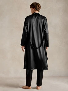 EverLounge Men's Casual Black V Neck Belted Robe And Pants Loungewear Set Comfortable Nightwear, Fall Winter Clothes - Black - View 2