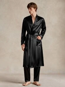 EverLounge Men's Casual Black V Neck Belted Robe And Pants Loungewear Set Comfortable Nightwear, Fall Winter Clothes - Black - View 5