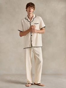 EverLounge CoupledUp Apricot Bubble Collar Cardigan Short Sleeve Pajama Set For Men - Apricot - View 8