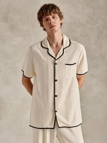 EverLounge CoupledUp Apricot Bubble Collar Cardigan Short Sleeve Pajama Set For Men - Apricot - View 6