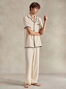 EverLounge CoupledUp Apricot Bubble Collar Cardigan Short Sleeve Pajama Set For Men - Apricot - View 5