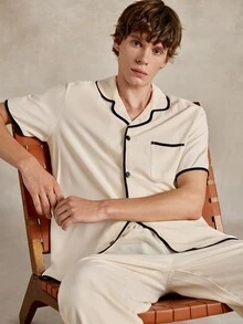 EverLounge CoupledUp Apricot Bubble Collar Cardigan Short Sleeve Pajama Set For Men - Apricot - View 1