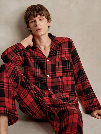 EverLounge Men's 1set Valentine's Day Plaid Casual Turn-Down Collar Top & Pants Pajama Set  Cozy And Elegant Details, Fall Winter Clothes
