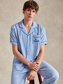 EverLounge 泡泡褶皱条纹边饰开衫男士睡衣套装 - 藍白色 - 查看 7