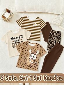 SHEIN Conjunto aleatorio de 1 set para niñas jóvenes, camiseta de manga corta con cuello redondo de punto con estampado de leopardo, letra, conejo lindo, rayas y estampado floral, y pantalones largos a juego, conjunto suave adecuado para salidas en verano, atuendos de verano - Multicolor - Ver 2