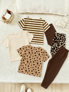 SHEIN Conjunto aleatorio de 1 set para niñas jóvenes, camiseta de manga corta con cuello redondo de punto con estampado de leopardo, letra, conejo lindo, rayas y estampado floral, y pantalones largos a juego, conjunto suave adecuado para salidas en verano, atuendos de verano - Multicolor - Ver 4