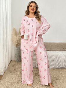SHEIN CURVE+ 女款花卉印花抓絨長袖上衣與長褲兩件套，蓬鬆舒適，適合假期與秋冬穿著 - 淺粉色 - 查看 3