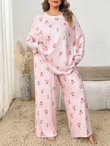 SHEIN CURVE+ 女款花卉印花抓絨長袖上衣與長褲兩件套，蓬鬆舒適，適合假期與秋冬穿著 - 淺粉色 - 查看 7