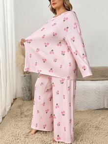 SHEIN CURVE+ 女款花卉印花抓絨長袖上衣與長褲兩件套，蓬鬆舒適，適合假期與秋冬穿著 - 淺粉色 - 查看 6