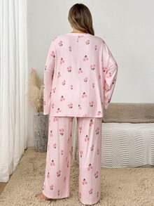 SHEIN CURVE+ 女款花卉印花抓絨長袖上衣與長褲兩件套，蓬鬆舒適，適合假期與秋冬穿著 - 淺粉色 - 查看 2