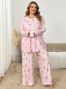 SHEIN CURVE+ 女款花卉印花抓絨長袖上衣與長褲兩件套，蓬鬆舒適，適合假期與秋冬穿著 - 淺粉色 - 查看 4