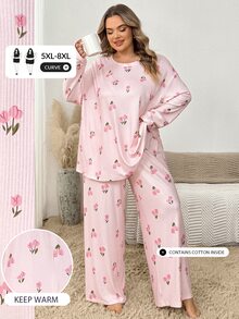 SHEIN CURVE+ 女款花卉印花抓絨長袖上衣與長褲兩件套，蓬鬆舒適，適合假期與秋冬穿著 - 淺粉色 - 查看 8