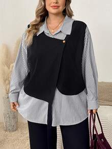 SHEIN CURVE+ Plus Size Women's Casual Loose Long Sleeve Striped Patchwork Contrast Color Shirt, Suitable For Outings And Commuting Fall - Black - View 3