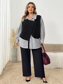 SHEIN CURVE+ Plus Size Women's Casual Loose Long Sleeve Striped Patchwork Contrast Color Shirt, Suitable For Outings And Commuting Fall - Black - View 7