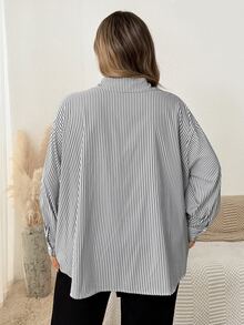 SHEIN CURVE+ Plus Size Women's Casual Loose Long Sleeve Striped Patchwork Contrast Color Shirt, Suitable For Outings And Commuting Fall - Black - View 2
