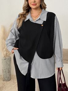 SHEIN CURVE+ Plus Size Women's Casual Loose Long Sleeve Striped Patchwork Contrast Color Shirt, Suitable For Outings And Commuting Fall - Black - View 4