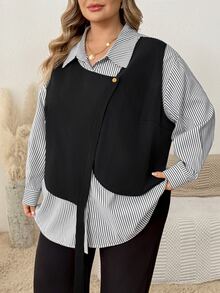 SHEIN CURVE+ Plus Size Women's Casual Loose Long Sleeve Striped Patchwork Contrast Color Shirt, Suitable For Outings And Commuting Fall - Black - View 5