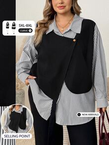 SHEIN CURVE+ Plus Size Women's Casual Loose Long Sleeve Striped Patchwork Contrast Color Shirt, Suitable For Outings And Commuting Fall - Black - View 8