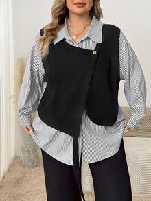 SHEIN CURVE+ Plus Size Women's Casual Loose Long Sleeve Striped Patchwork Contrast Color Shirt, Suitable For Outings And Commuting Fall - Black - View 1