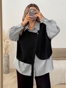 SHEIN CURVE+ Plus Size Women's Casual Loose Long Sleeve Striped Patchwork Contrast Color Shirt, Suitable For Outings And Commuting Fall - Black - View 6