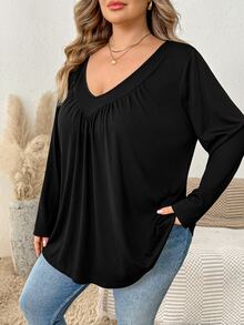 SHEIN CURVE+ Women's Plus Size Solid Color V-Neck Loose Tank Top, Autumn Fall - Black - View 4