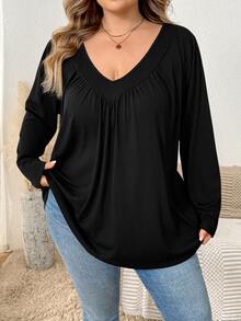 SHEIN CURVE+ Women's Plus Size Solid Color V-Neck Loose Tank Top, Autumn Fall - Black - View 1