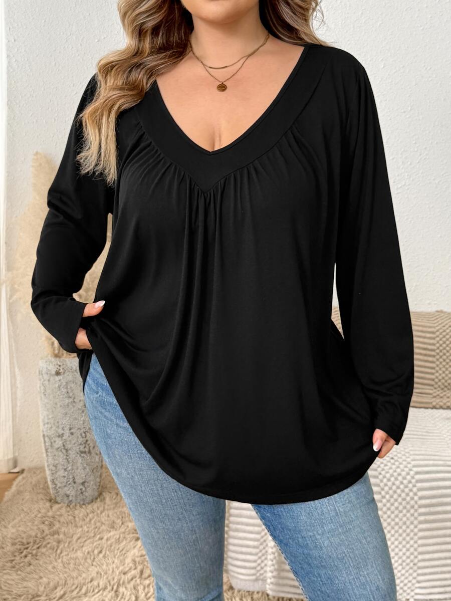 SHEIN CURVE+ Women's Plus Size Solid Color V-Neck Loose Tank Top, Autumn Fall - Black - View 1