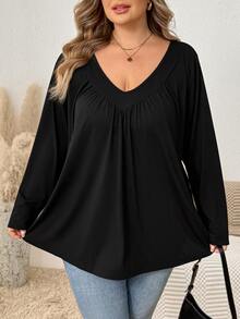 SHEIN CURVE+ Women's Plus Size Solid Color V-Neck Loose Tank Top, Autumn Fall - Black - View 5