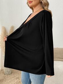 SHEIN CURVE+ Women's Plus Size Solid Color V-Neck Loose Tank Top, Autumn Fall - Black - View 3