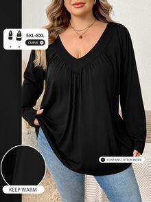 SHEIN CURVE+ Women's Plus Size Solid Color V-Neck Loose Tank Top, Autumn Fall - Black - View 7