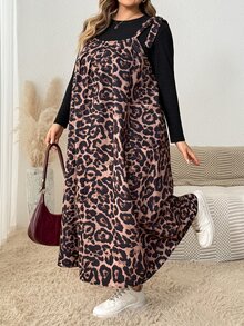 SHEIN CURVE+ Gaun Wanita Ukuran Besar Musim Panas Motif Leopard Cokelat Longgar dengan Tali Bahu, Gaun Formal Liburan Kasual Hitam Gaya Boho - Coklat - View 7