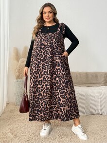 SHEIN CURVE+ Gaun Wanita Ukuran Besar Musim Panas Motif Leopard Cokelat Longgar dengan Tali Bahu, Gaun Formal Liburan Kasual Hitam Gaya Boho - Coklat - View 5